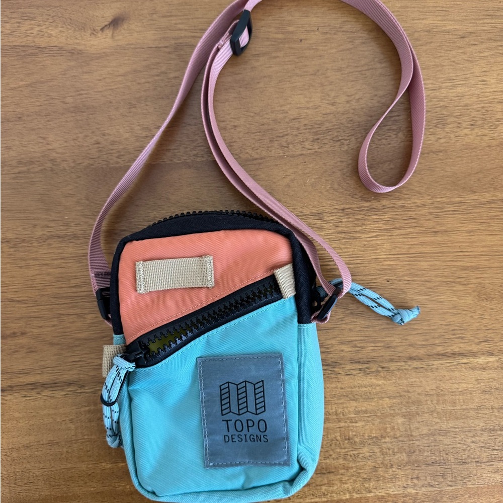 Topo Designs Teal and Coral Mini Crossbody with Pink Strap